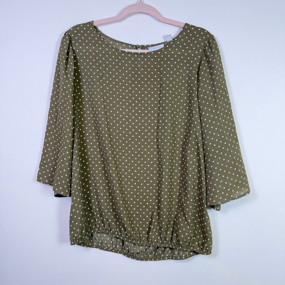 New York & Company Olive Green Polka Dot Bell Sleeve Blouse Size Large